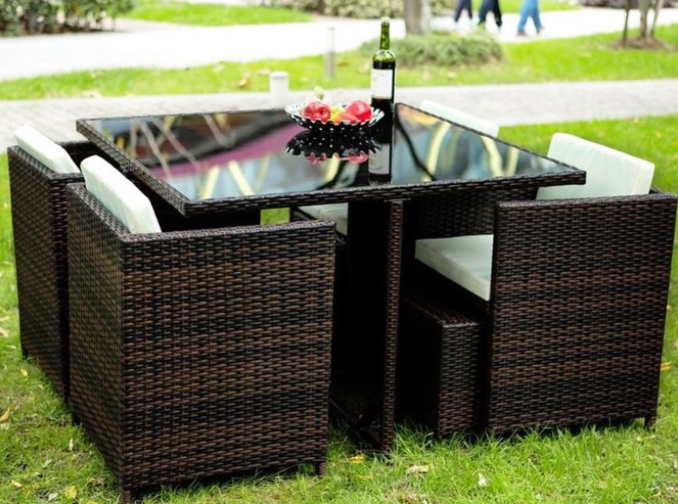 4 Seater Rattan Dining Set with Table and 4 Stools
