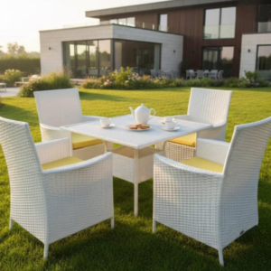 4 Seater Dining Set with Table in White – Outdoor Rattan Dining Furniture
