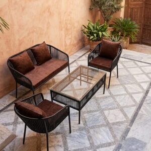 Outdoor Coffee Set with Glass Table – Black Rattan Lounge Furniture