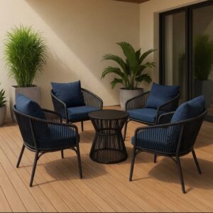 Black Outdoor Coffee Set with Round Table – 4 Piece Outdoor Lounge Furniture