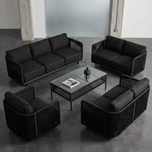 Black Outdoor Sofa Set with Glass Table – Modern Outdoor Lounge Furniture